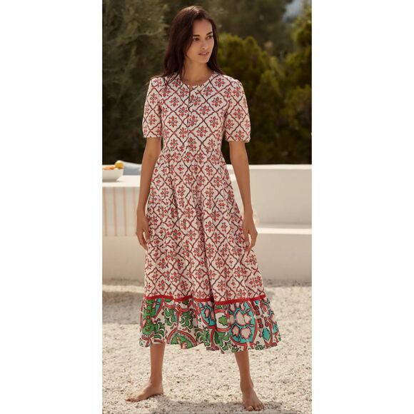 Anthropologie Ro's Garden Daphne Short Sleeve Midi Cotton Dress Medium - Picture 1 of 11